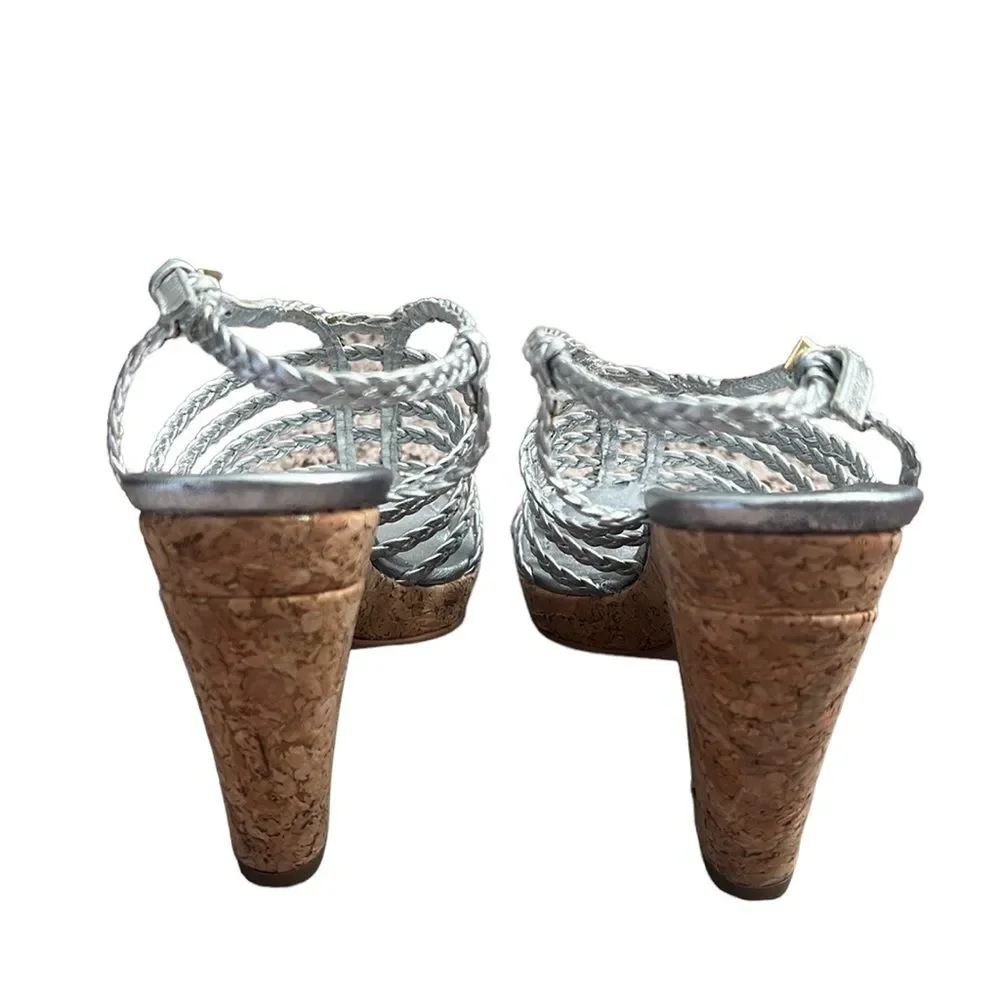 Kate Spade Felix Silver Braided Strappy Cork Wedge Sandals Size 7
